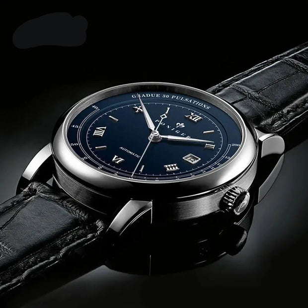 Poniger watch with blue dial and black leather strap on a dark background