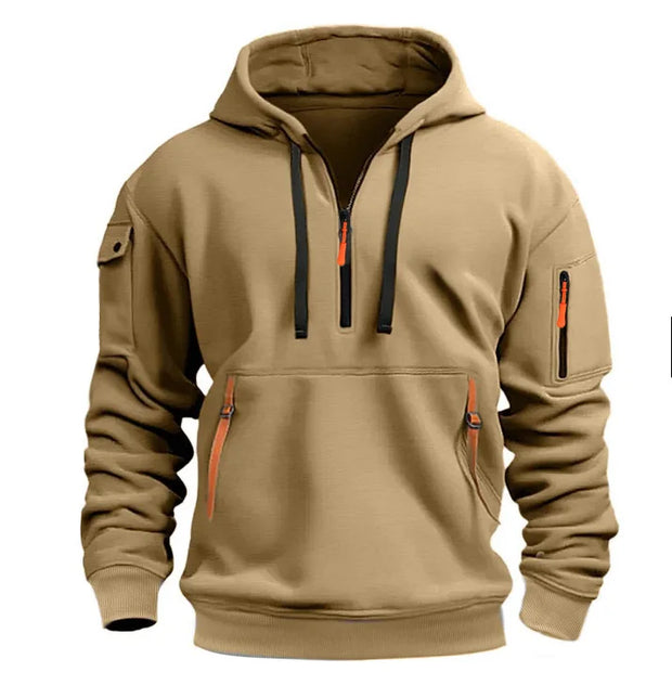 Men's Casual Sports Hoodie Spring Autumn Fashion Solid Color Long-Sleeved Pullover with Arm Pocket And Pull Rope plus Size