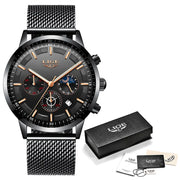 Black LIGE watch with mesh band and packaging on a white background