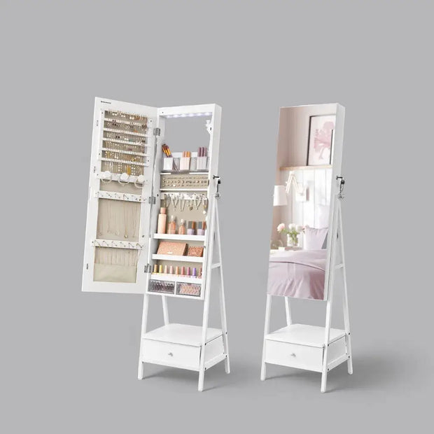 SONGMICS LED Mirror Jewelry Cabinet Standing, Jewelry Organizer with Mirror,Space-Saving Bottom Drawer,Lockable Jewelry Armoir-Shoppers Preferred Choice