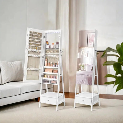 SONGMICS LED Mirror Jewelry Cabinet Standing, Jewelry Organizer with Mirror,Space-Saving Bottom Drawer,Lockable Jewelry Armoir-Shoppers Preferred Choice