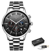 Silver wristwatch with black dial and LIGE branding, including a box and USB drive on a white background.