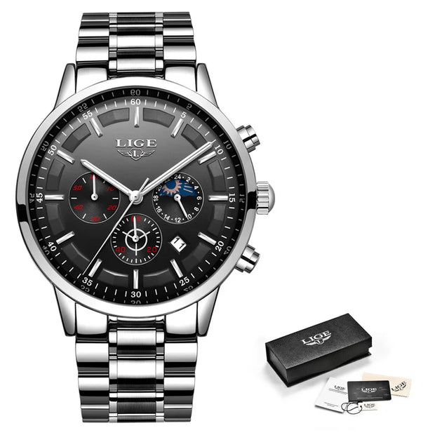 Silver wristwatch with black dial and LIGE branding, including a box and USB drive on a white background.