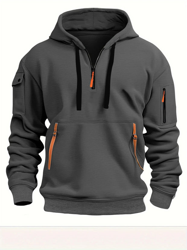 Men's Casual Sports Hoodie Spring Autumn Fashion Solid Color Long-Sleeved Pullover with Arm Pocket And Pull Rope plus Size