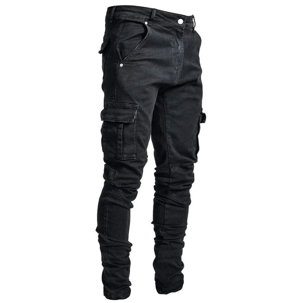 Men’s Distressed Skinny Cargo Jeans – Washed Cotton Streetwear with Multi Pockets (Black/Light Blue)