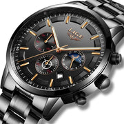 LIGE watch with black dial and silver metal strap on a white background