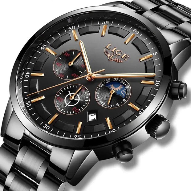 LIGE watch with black dial and silver metal strap on a white background