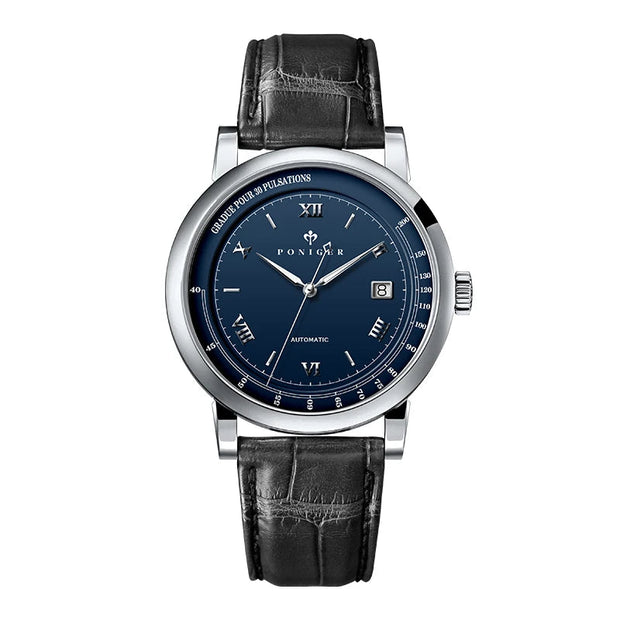 Poniger watch with blue dial and black leather strap on a white background