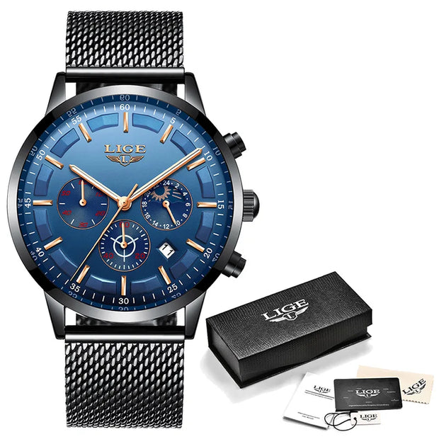 Blue wristwatch with black mesh strap and LIGE branding, including packaging on a white background.