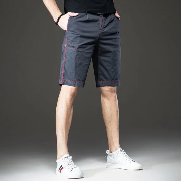 Trendy Fashion Summer Cargo Shorts Men Pockets Zippers Contrast Color Bright Line Decorate Casual Knee Length Straight Short Pant