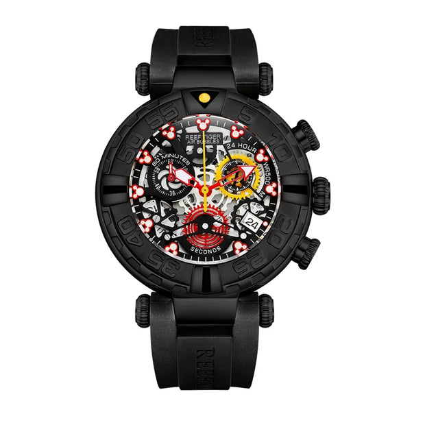 Black wristwatch with a detailed face on a white background