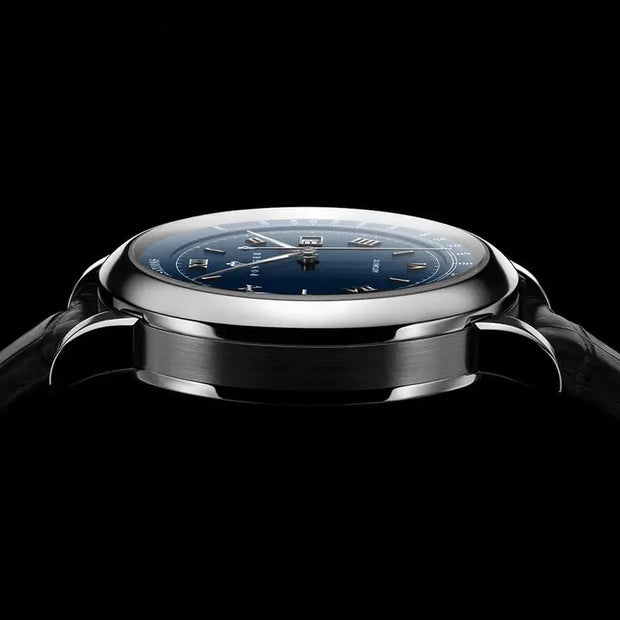 Luxury watch with blue dial and silver case on a black background, featuring the brand 'PONIGER'.