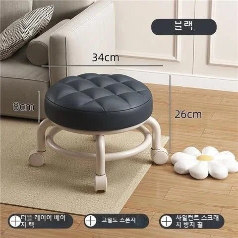 Low Stool with Wheels，Leather Fabric Portable Small Round Waterproof Durable Stool Thickening Seat Cushion Simple Soft Stool