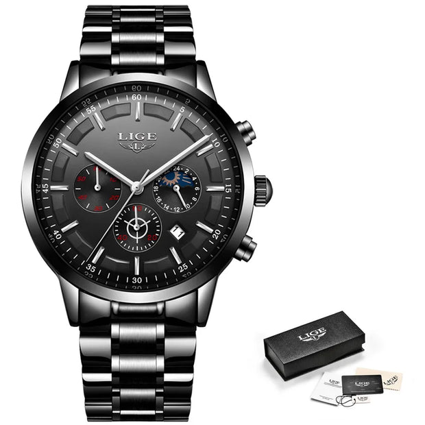 Luxury watch with black dial and silver metal strap, accompanied by a box and papers on a white background.