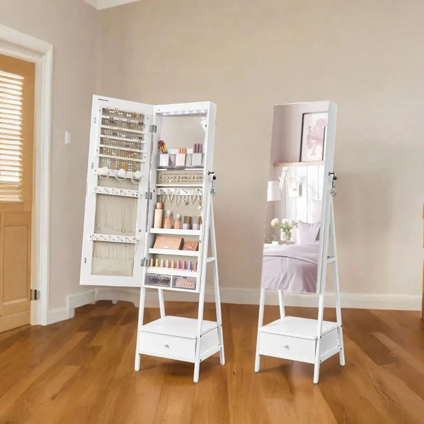 SONGMICS LED Mirror Jewelry Cabinet Standing, Jewelry Organizer with Mirror,Space-Saving Bottom Drawer,Lockable Jewelry Armoir-Shoppers Preferred Choice
