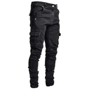 Men Street Elastic Denim Jeans Wash Solid Color Multi Pockets Cargo Pants Casual Slim Fit Daily Wear Joggers Mid Waist Trousers