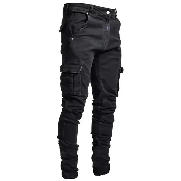 Men Street Elastic Denim Jeans Wash Solid Color Multi Pockets Cargo Pants Casual Slim Fit Daily Wear Joggers Mid Waist Trousers