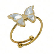 Adjustable 18K gold-plated butterfly ring with white enamel wings from the 18K Butterflies Jewelry Set, crafted from recycled materials.