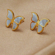 Pair of 18K gold-plated butterfly stud earrings with white enamel wings from the 18K Butterflies Jewelry Set, perfect for elegant styling.