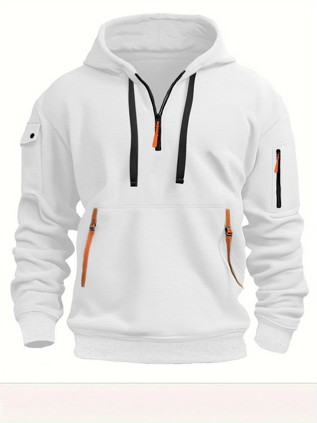 Men's Casual Sports Hoodie Spring Autumn Fashion Solid Color Long-Sleeved Pullover with Arm Pocket And Pull Rope plus Size