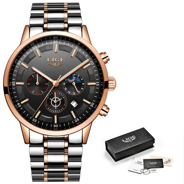 Luxury watch with rose gold and silver band, black dial, and LIGE branding.