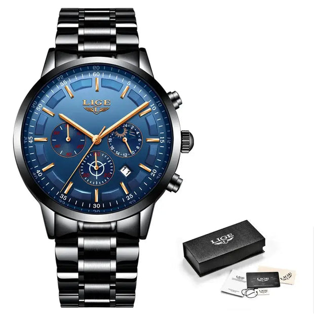 Luxury watch with blue dial and silver metal strap, accompanied by a black box and cards on a white background.