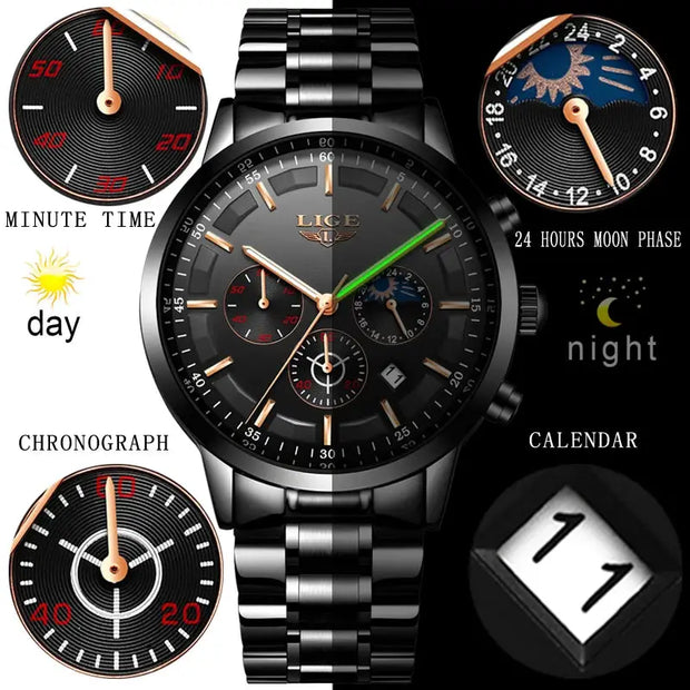 LIGE watch with multiple display features on a black background