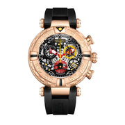 Luxury watch with black strap and rose gold case on white background