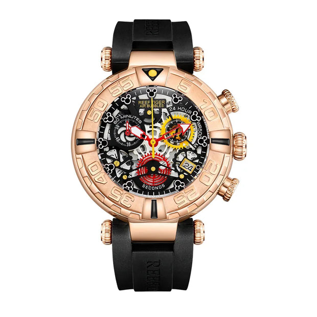 Luxury watch with black strap and rose gold case on white background