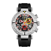 Complex wristwatch with multiple dials and a black strap on a white background