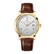 Poniger watch with brown leather strap and gold casing on a white background