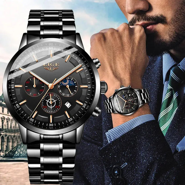 Luxury watch with detailed face and metallic band worn by a man, with a blurred architectural background.