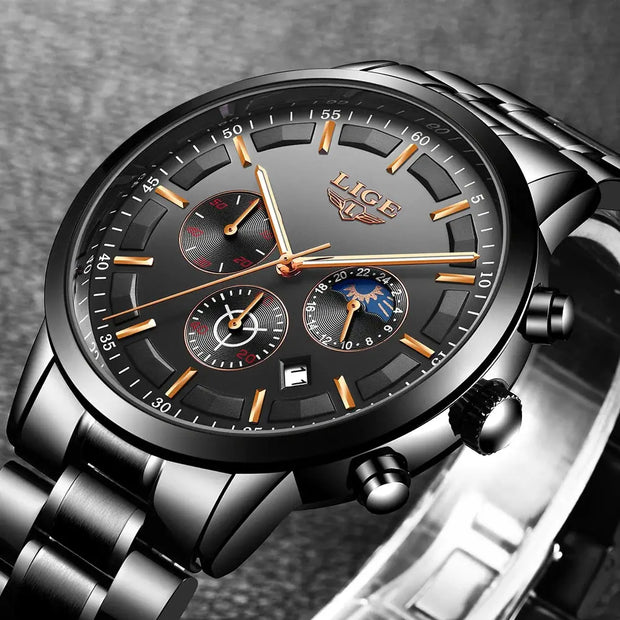 Luxury watch with detailed face and metallic band on a textured gray background