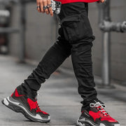Men’s Distressed Skinny Cargo Jeans – Washed Cotton Streetwear with Multi Pockets (Black/Light Blue)