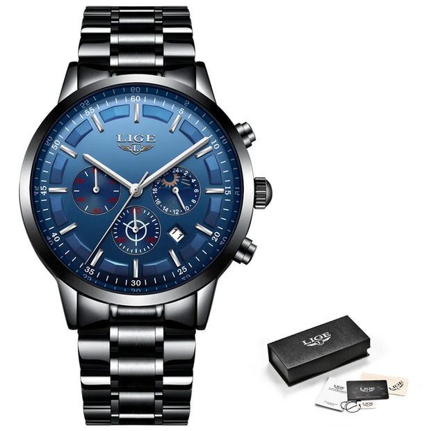 Luxury watch with blue face and silver strap, accompanied by a black box and card on a white background.
