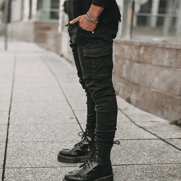 Men’s Distressed Skinny Cargo Jeans – Washed Cotton Streetwear with Multi Pockets (Black/Light Blue)