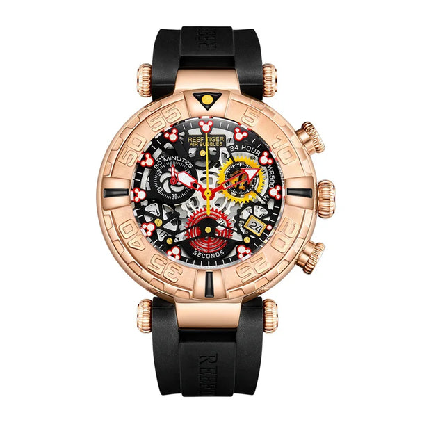 Luxury watch with black strap and rose gold case on white background