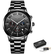 Black wristwatch with detailed face and metal strap, accompanied by a black box and papers on a white background.