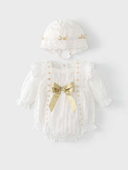 Elegant baby girls' spring outfit featuring a white floral embroidered onesie and matching lace hat with gold ribbon accents.