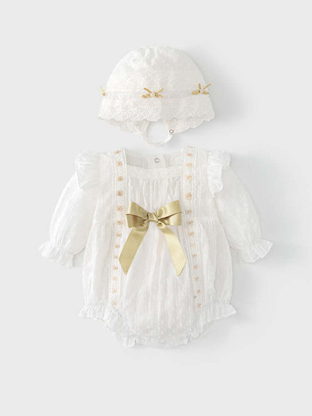Elegant baby girls' spring outfit featuring a white floral embroidered onesie and matching lace hat with gold ribbon accents.