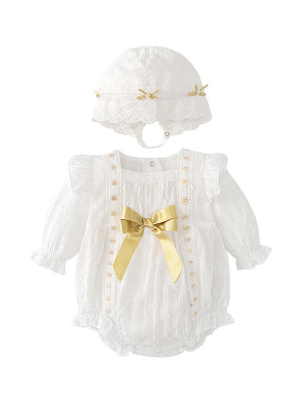 White baby girls' onesie and hat set with floral embroidery and gold bow, ideal for springtime elegance and comfort.