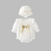 Floral Embroidery Baby Onesie & Hat Set in white with gold bow, perfect for spring baby girls' outfits in luxurious cotton fabric.