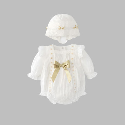 Floral Embroidery Baby Onesie & Hat Set in white with gold bow, perfect for spring baby girls' outfits in luxurious cotton fabric.
