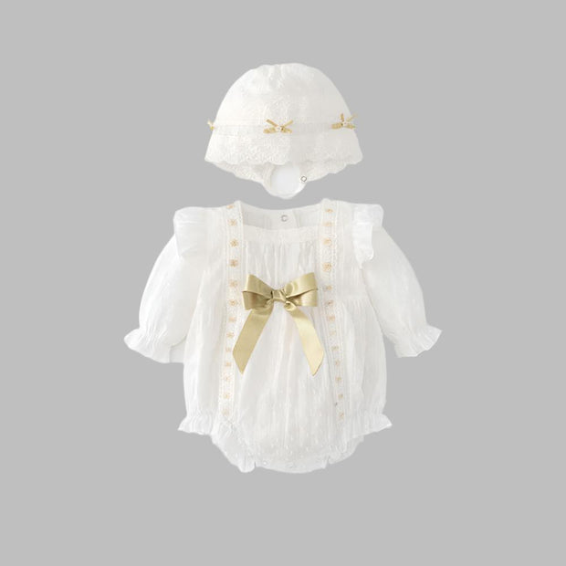 Floral Embroidery Baby Onesie & Hat Set in white with gold bow, perfect for spring baby girls' outfits in luxurious cotton fabric.