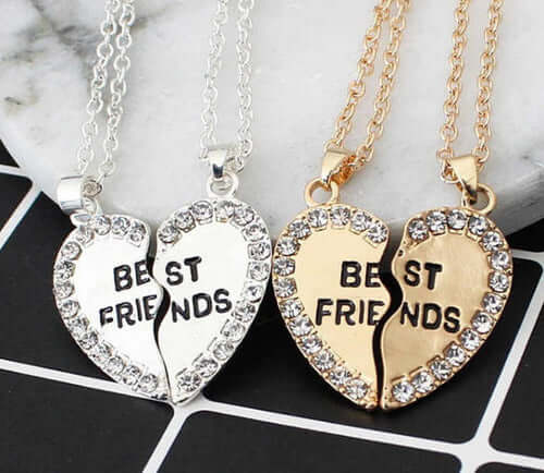 Custom Couple Necklaces - BondedHearts™ Heart Set in dual-tone gold and silver, featuring 'Best Friends' split heart pendants.