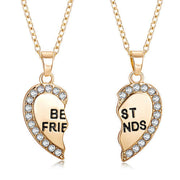 Gold Custom Couple Necklaces - BondedHearts™ Heart Set with rhinestone edges and 'Best Friends' engraved on each half pendant.