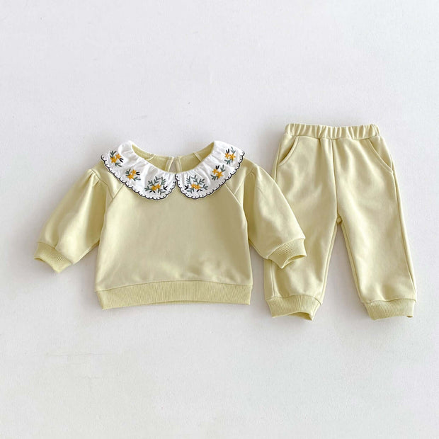 Cute and Versatile Two-Piece Set: Flowers Embroidered Collar Top
