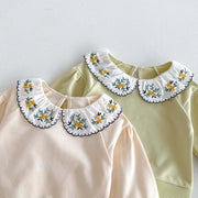 Cute and Versatile Two-Piece Set: Flowers Embroidered Collar Top