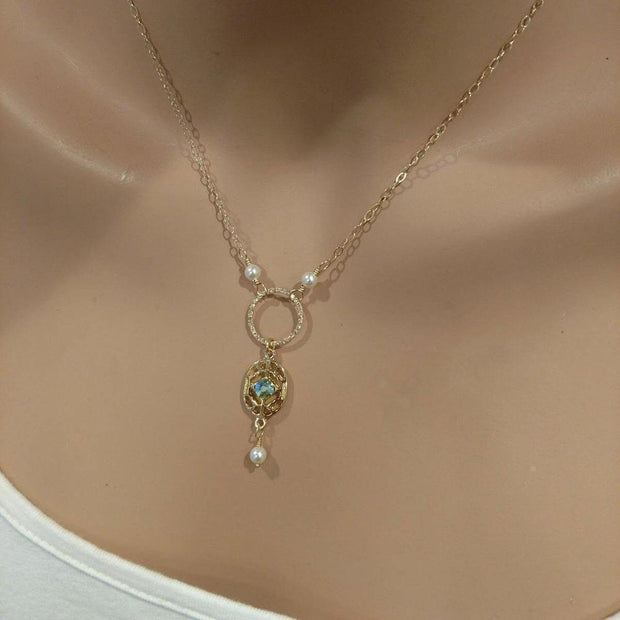 Exquisite 14KT Gold-Filled Filigree Necklace with Crystals & Pearls