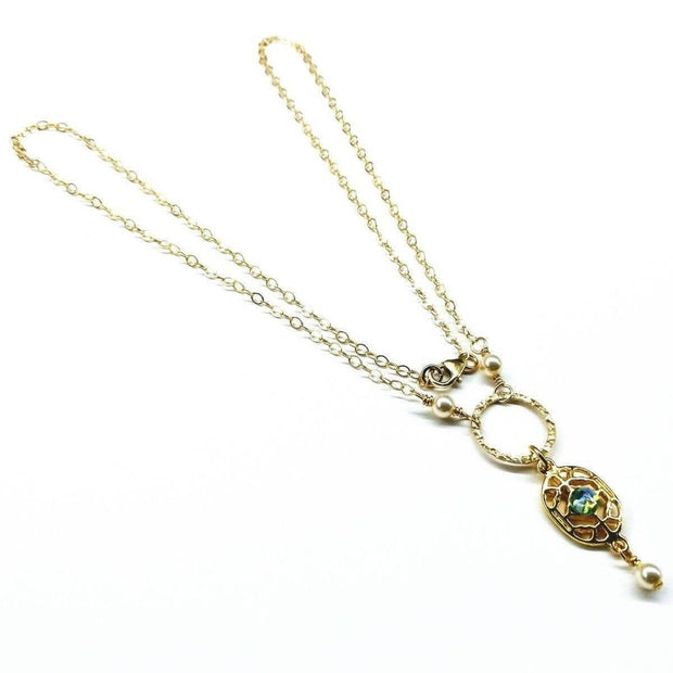 Exquisite 14KT Gold-Filled Filigree Necklace with Crystals & Pearls